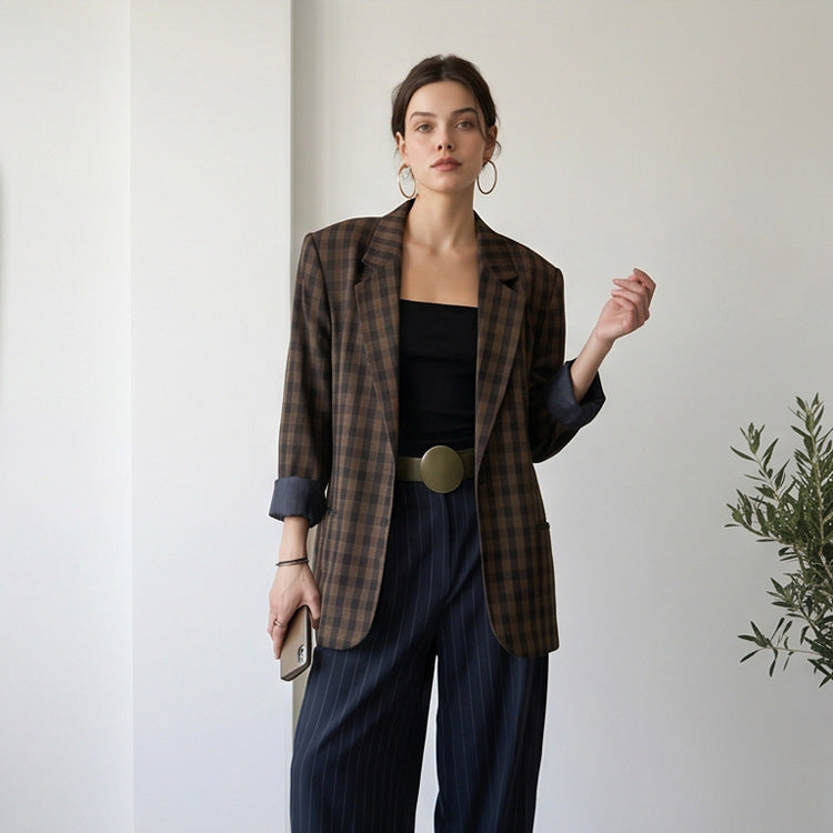 Damen Oversize-Karoblazer mit kastiger Silhouette und überschnittenen Schultern Drune
