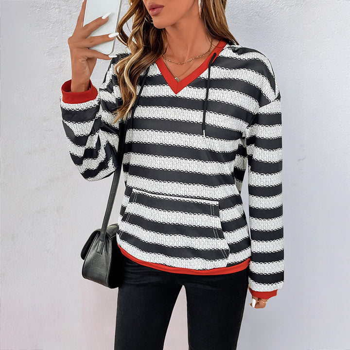 Damen Pullover-Hoodie im Ringelstrick mit V-Ausschnitt, Kängurutasche und Kontrastbündchen Drune