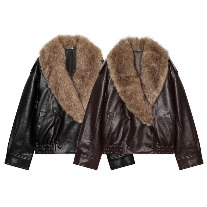 Damen Kurz geschnittene Biker-Lederjacke mit voluminösem Kunstpelz-Schalkragen Drune
