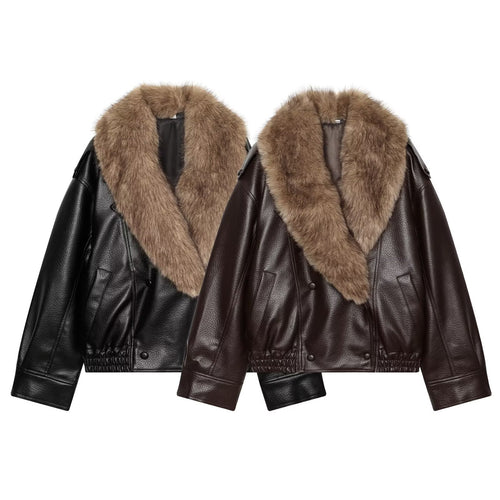 Damen Kurz geschnittene Biker-Lederjacke mit voluminösem Kunstpelz-Schalkragen Drune