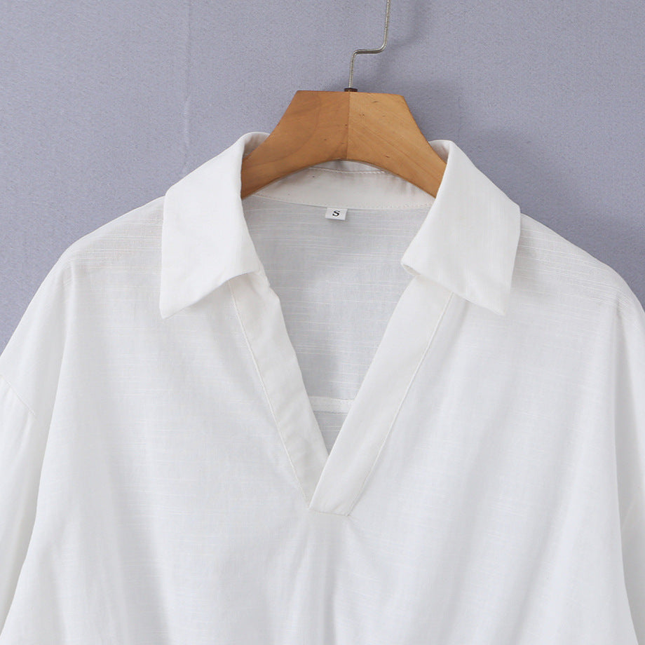 Damen nan lockere Baumwollbluse mit V-Ausschnitt, Hemdkragen und gerafftem Zipfelsaum Drune