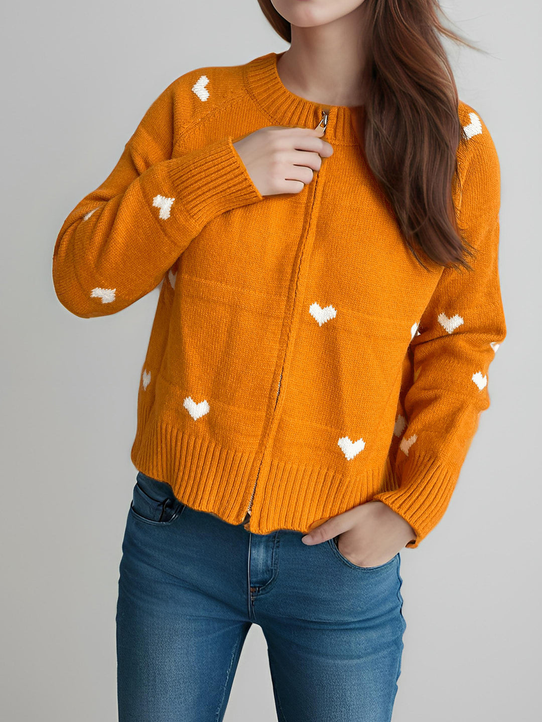 Damen modischer Strickcardigan mit Herzmuster und Reißverschluss Drune