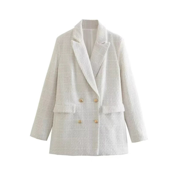 Damen Doppelreihiger Bouclé‑Tweed‑Blazer mit Schalkragen und Pattentaschen Drune