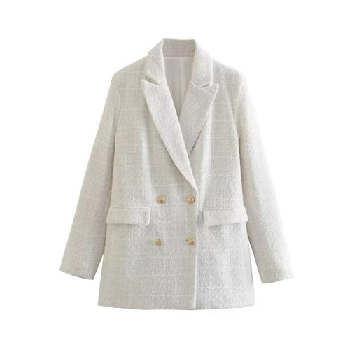 Damen Doppelreihiger Bouclé‑Tweed‑Blazer mit Schalkragen und Pattentaschen Drune