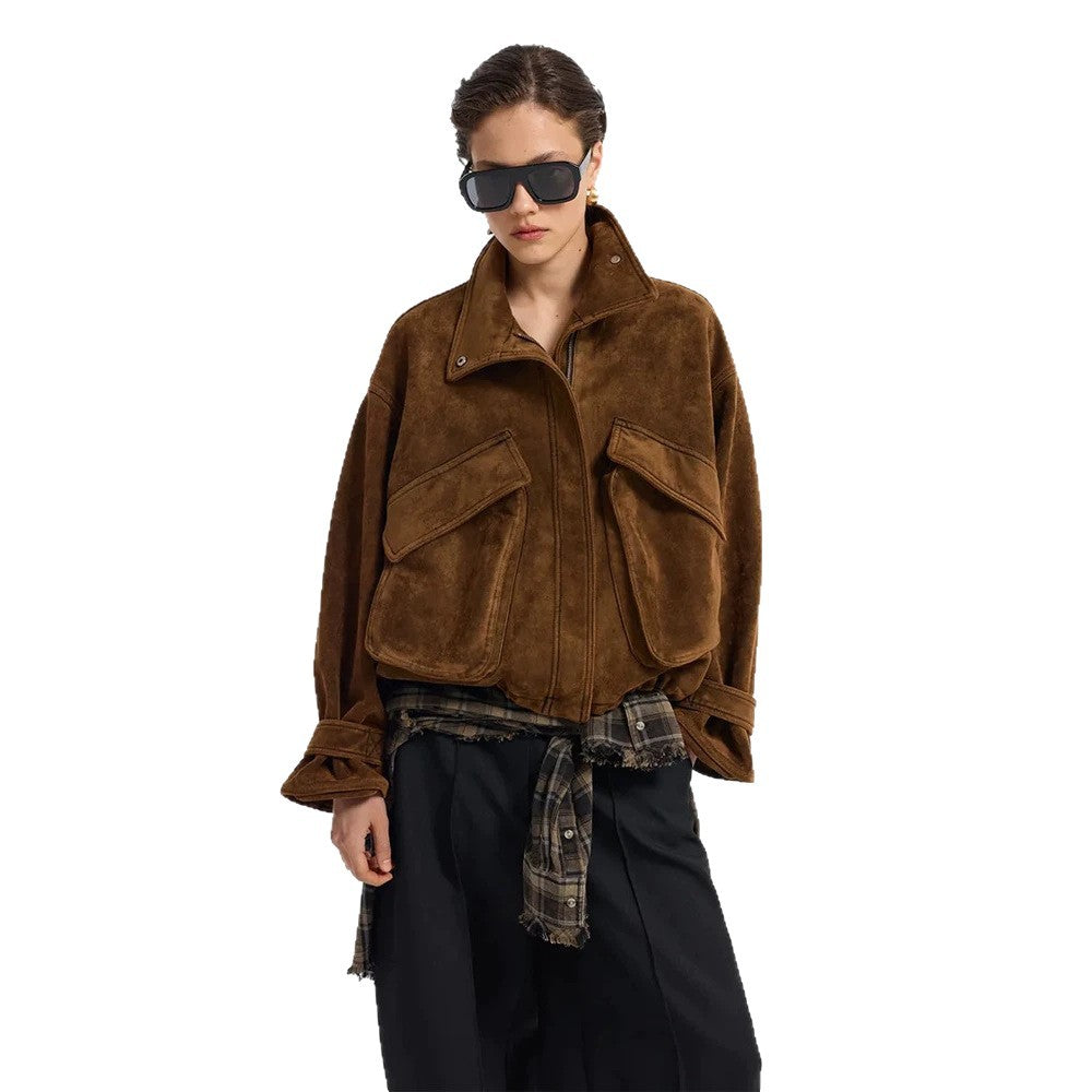 Damen Oversize Veloursleder-Blouson mit großen Pattentaschen und Stehkragen Drune