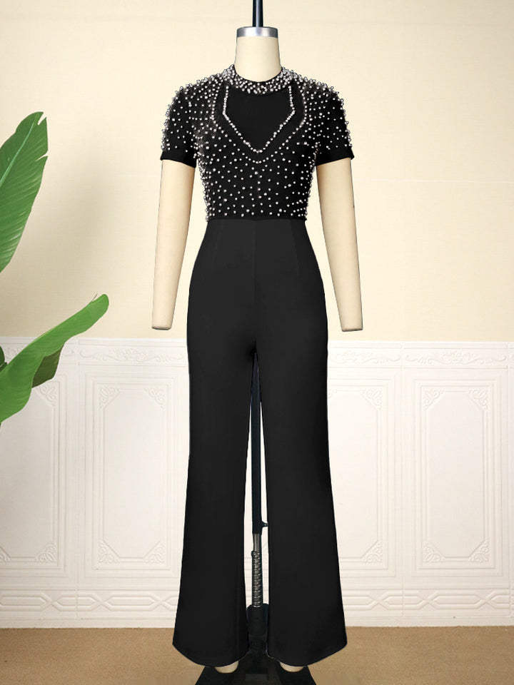 Damen eleganter Jumpsuit mit schimmerndem Perlen-Besatz Drune