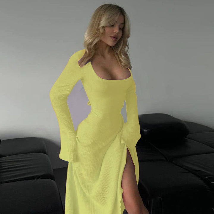 Damen elegantes Maxikleid mit tiefem V-Ausschnitt und schwingendem Rock Drune
