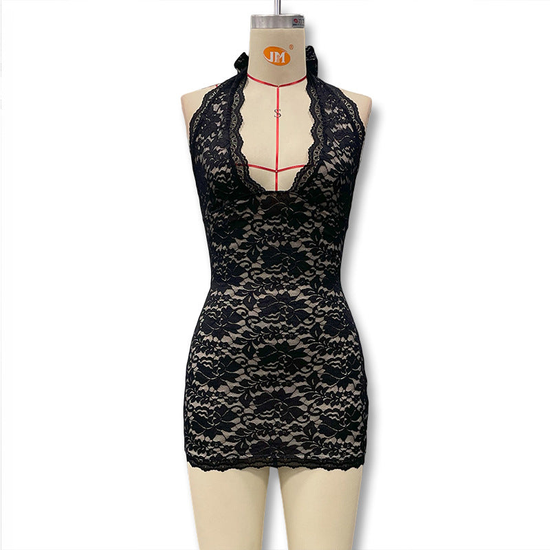 Damen Sexy Spitzen-Nachtkleid mit verführerischen Details und tiefem Ausschnitt Drune