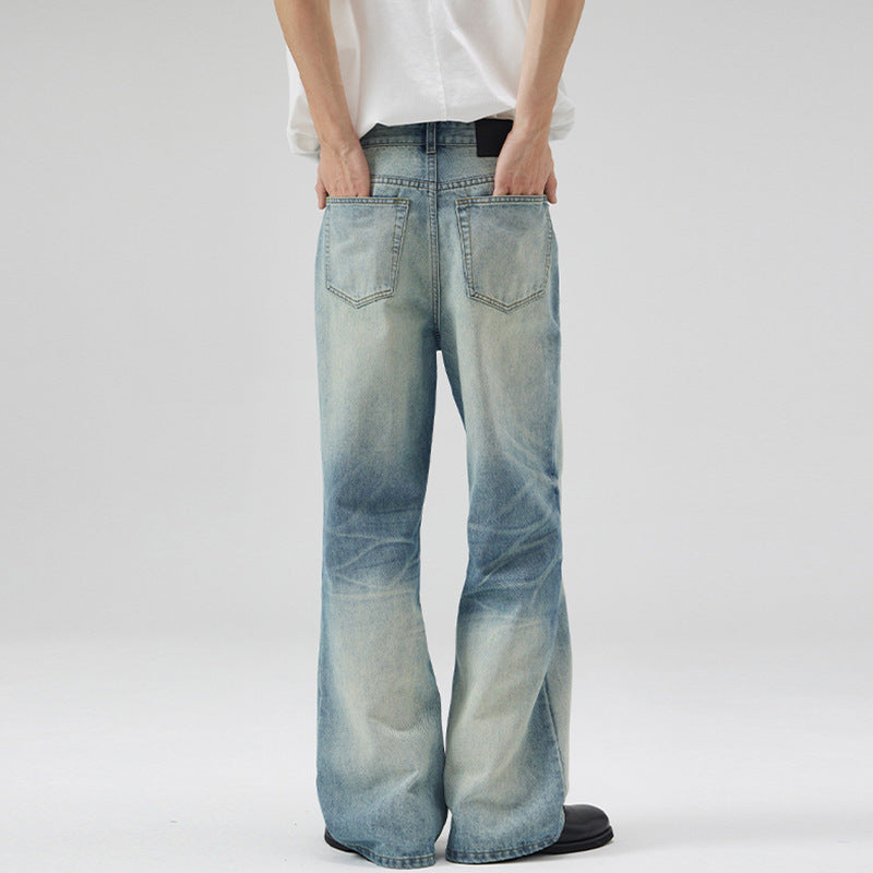 Herren Tiefsitzende Fließende Denim‑Schlaghose mit verlängertem Saum und Used‑Finish Drune