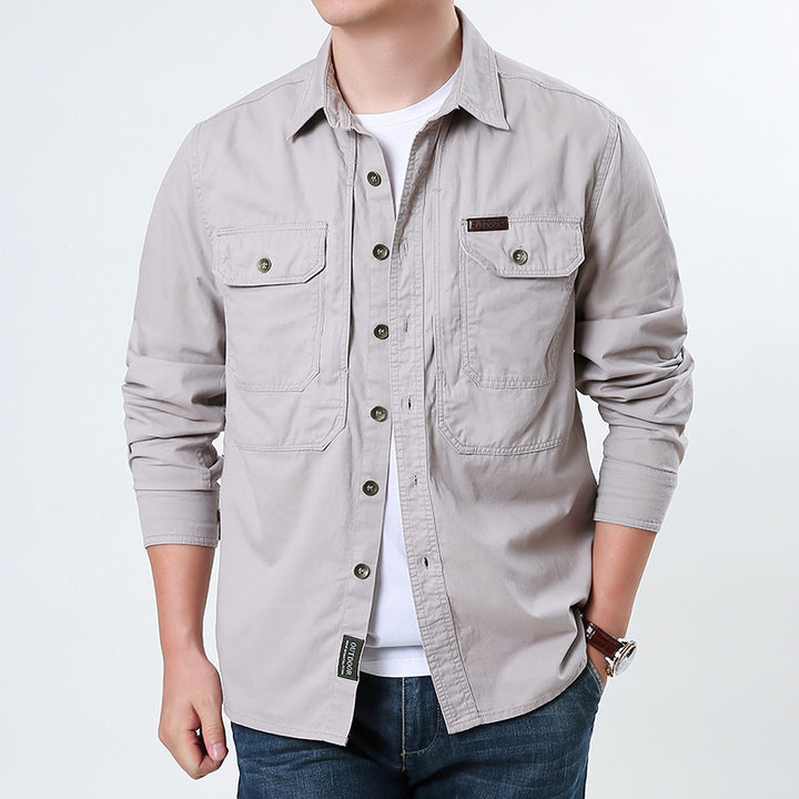 Herren nan lässige Utility-Hemdjacke aus Baumwoll-Twill mit zwei aufgesetzten Brusttaschen und knöpfbarer Front Drune