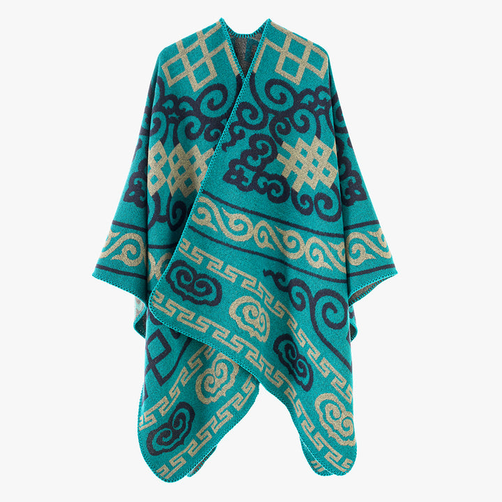 Damen Oversize-Jacquard-Umhang mit ethno-inspiriertem Ornamentmuster Drune