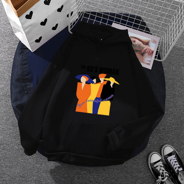 Damen nan weit geschnittener Kapuzenpullover mit Neunzigerjahre-Illustrationsprint, angerautem Fleece und Kängurutasche Drune