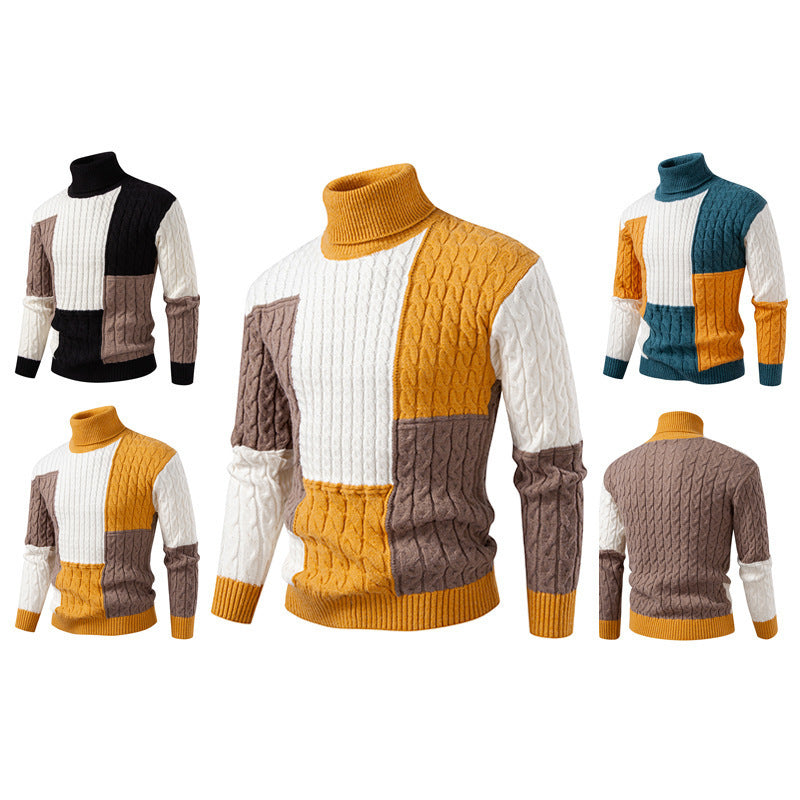 Herren hochabschließend gestrickter Pullover mit modernem Zopfmuster und attraktiven Farbblöcken Drune