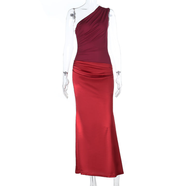 Damen elegantes Maxikleid mit asymmetrischem Oberteil und fließendem Saum Drune