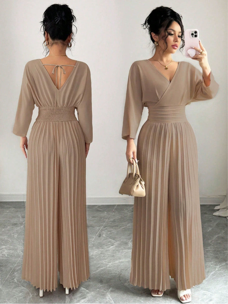 Damen Eleganter Plissee-Jumpsuit mit V-Ausschnitt Drune