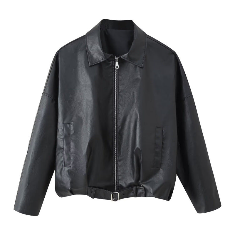 Unisex Oversize Kunstlederjacke mit Reißverschluss Hemdkragen und Taillengürtel Drune