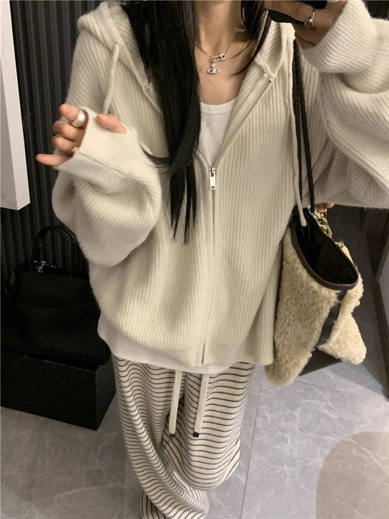 Damen Gemütlicher Strickhoodie mit großzügiger Kapuze und Reißverschluss Drune