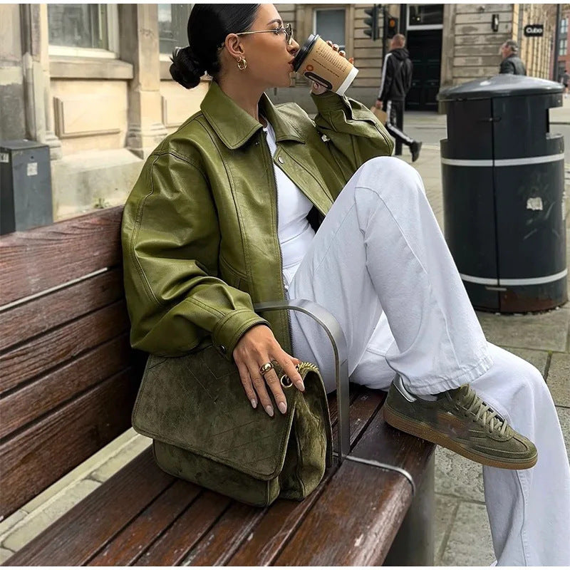 Damen modische oversized Lederjacke mit steigendem Kragen Drune