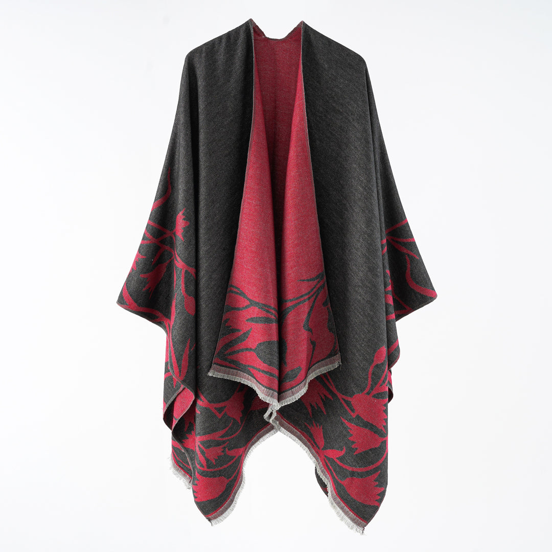 Damen Wendbarer Oversize-Capeponcho aus Wollmix mit floraler Jacquardwebung Drune