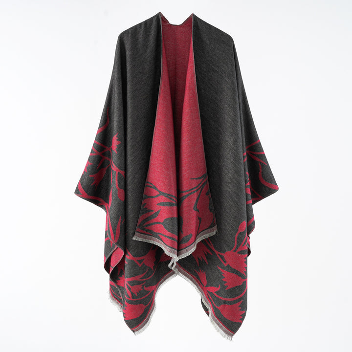 Damen Wendbarer Oversize-Capeponcho aus Wollmix mit floraler Jacquardwebung Drune