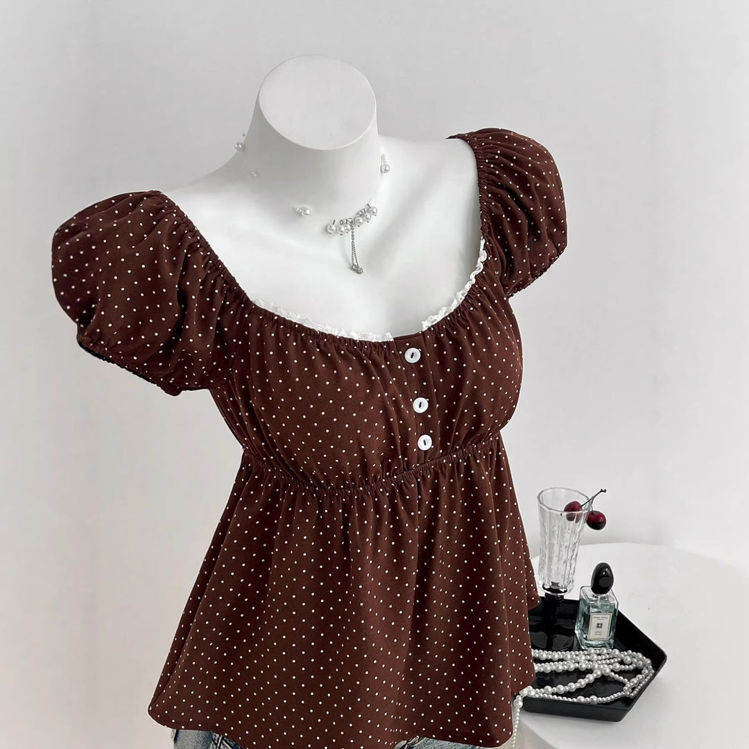 Damen Sommerkleid mit Puffärmeln und süßem Punkten Drune