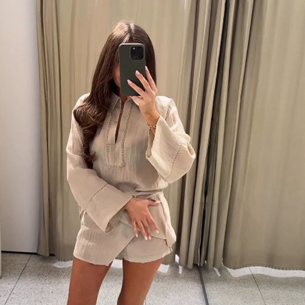 Damen Leichtes Crinkle-Zweiteiler mit Oversized-Hemd und Wickel-Minirock Drune