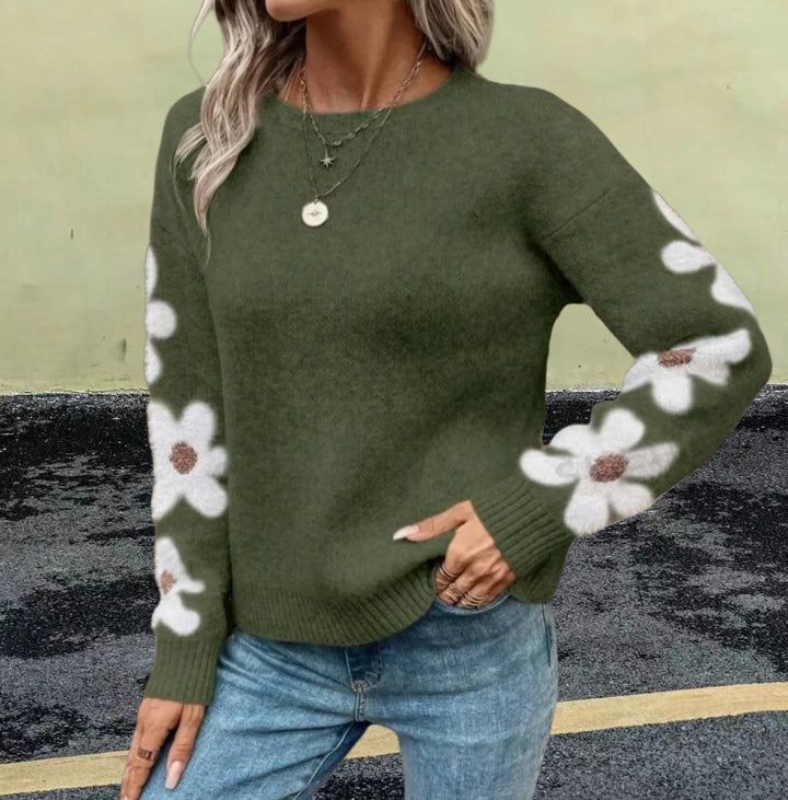 Damen Strickpullover mit floralem Muster und Rundhalsausschnitt Drune
