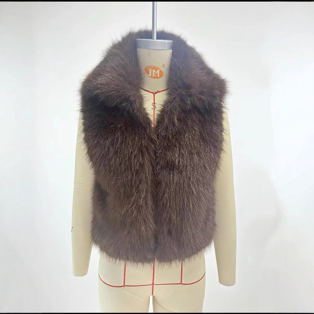 Damen nan luxuriöse Kunstfell-Weste mit voluminösem Schalkragen und verkürzter Silhouette Drune