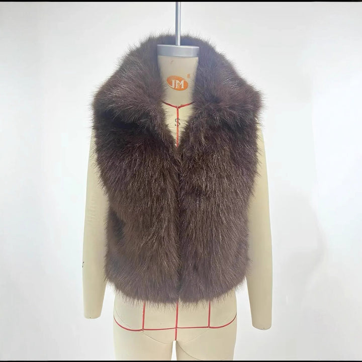Damen nan luxuriöse Kunstfell-Weste mit voluminösem Schalkragen und verkürzter Silhouette Drune