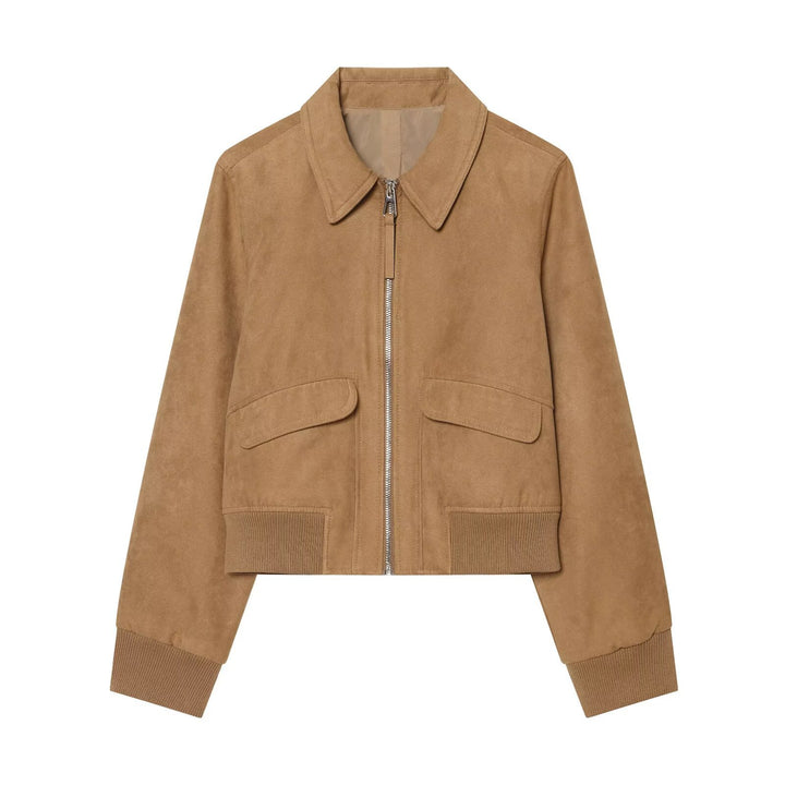 Damen Kurzer Veloursleder‑Blouson im Boxy‑Schnitt mit Hemdkragen, Klappentaschen und breitem Rippbund Drune