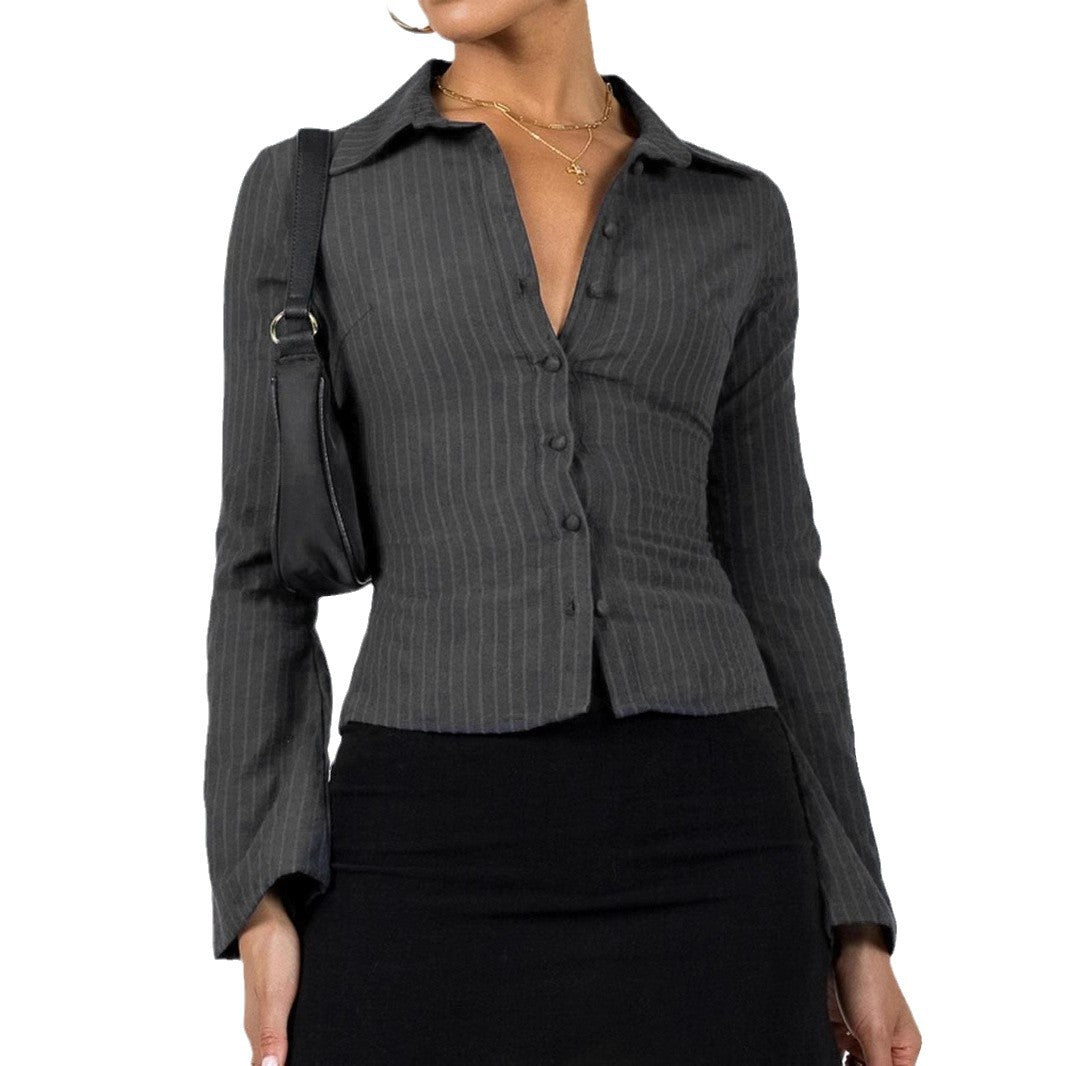Damen taillierte Hemdbluse mit Klappkragen und feinen Streifen Drune