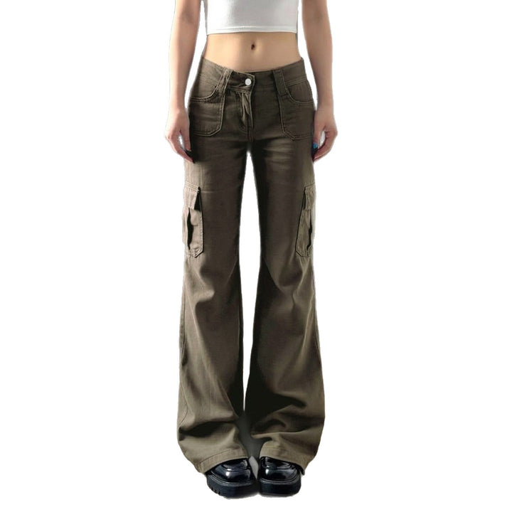 Damen nan Cargo-Flared-Hose mit hochgeschnittener Taille, aufgesetzten Beintaschen und ausgestelltem Bein Drune
