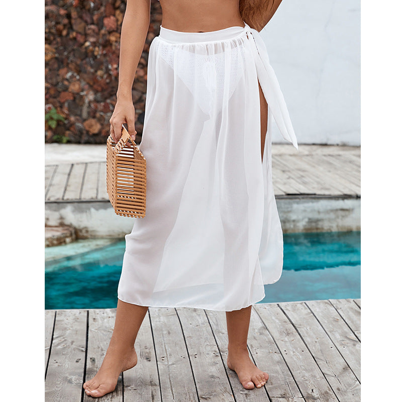 Damen eleganter transparenter Strandrock mit seitlichem Schlitz und bindbarem Gürtel Drune
