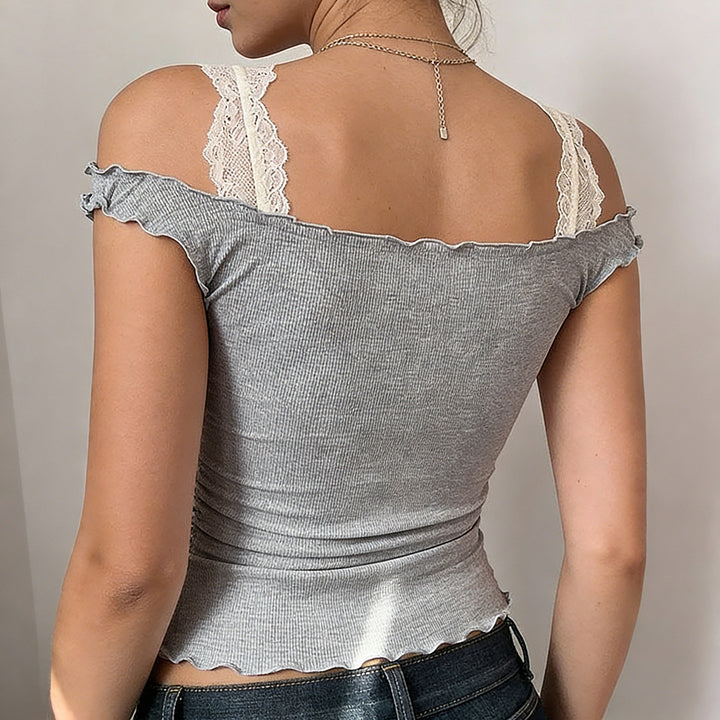 Damen figurbetontes Baumwolloberteil mit zarten Spitzenakzenten und Rüschendetails Drune