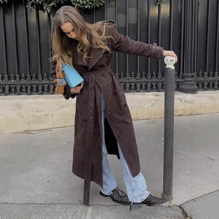 Damen stylische Midi-Trenchcoatjacke mit Bindegürtel und praktischen Taschen Drune