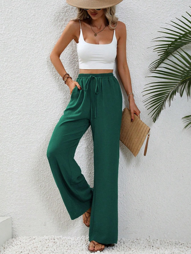 Damen elegante weite Hose aus leichtem Baumwollgemisch mit Gummizug Drune