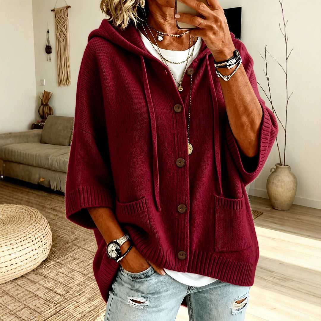 Damen Oversize Kapuzen-Cardigan mit Holzknöpfen und kastiger Silhouette Drune