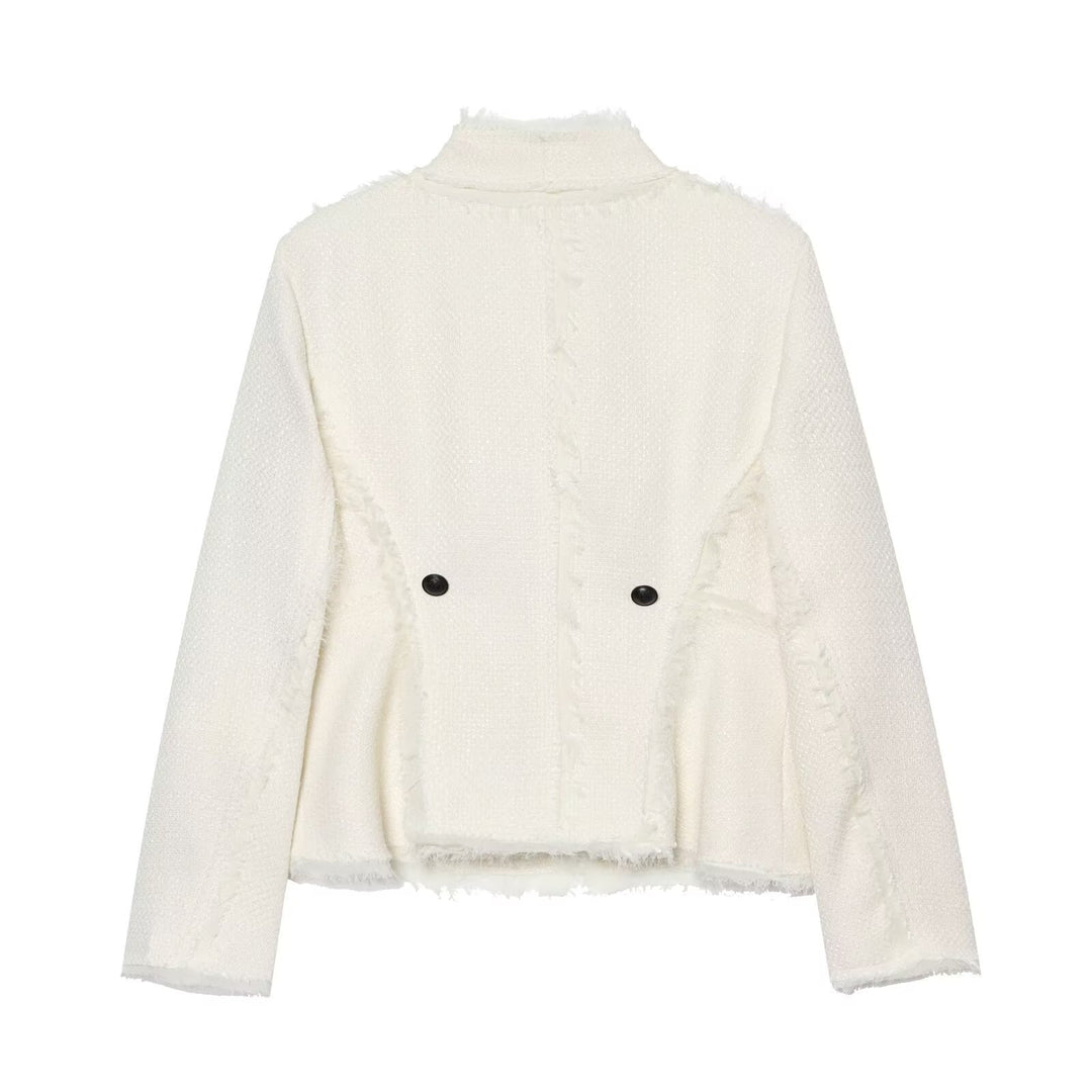 Damen Bouclé-Shortjacke mit Fransenbesatz und asymmetrischem Ein-Knopf-Verschluss Drune
