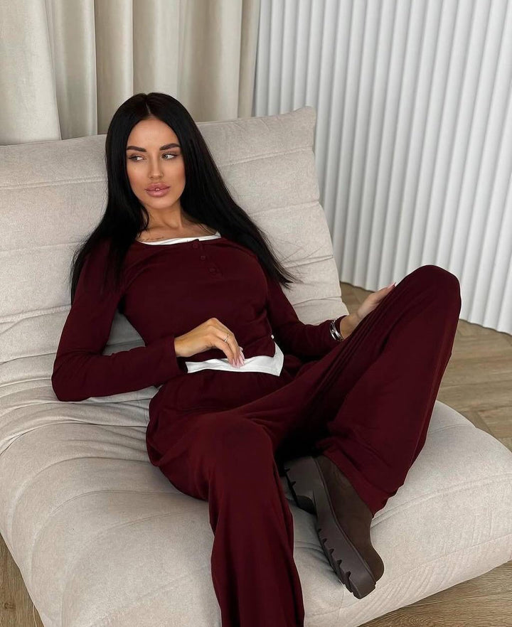 Damen Loungewear-Set aus weichem Modal mit Henley-Knopfleiste und weitem High‑Waist Loungehose Drune