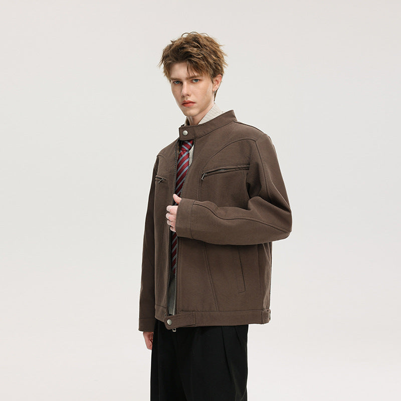 Herren Lässige Utility‑Jacke mit Stehkragen, Reißverschluss und Brusttaschen Drune