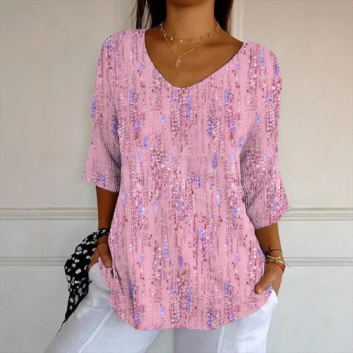 Damen V-Ausschnitt Bluse mit buntem Muster und lockerer Passform Drune