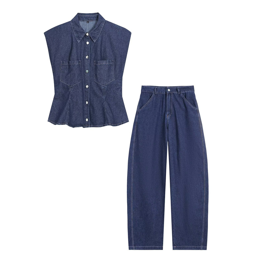 Damen Tailliertes Denim‑Set mit ärmelloser Hemdbluse und weitem High‑Waist‑Hose Drune