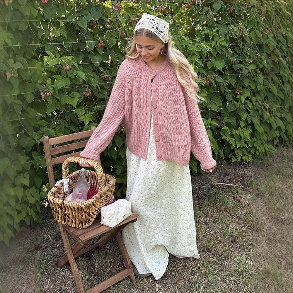 Damen Grobgestrickte Mohair-Optik Kurzjacke mit Raglanärmeln & Zierknopfleiste Drune