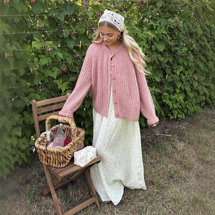 Damen Grobgestrickte Mohair-Optik Kurzjacke mit Raglanärmeln & Zierknopfleiste Drune