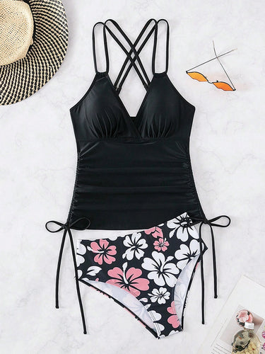 Drune | Süßes Blumenmuster V-Ausschnitt Bauchweg Tankini Set