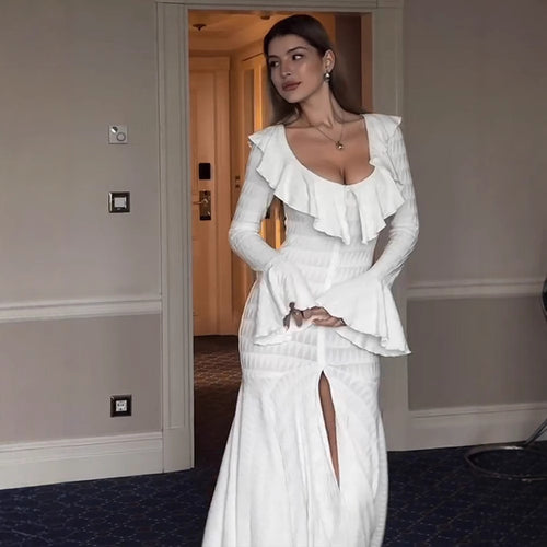 Damen Figurbetontes Maxikleid mit Volant‑Ausschnitt, Glockenärmeln und Schlitz Drune