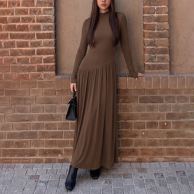 Damen Elegantes Maxikleid mit langen Ärmeln und hohem Kragen Drune