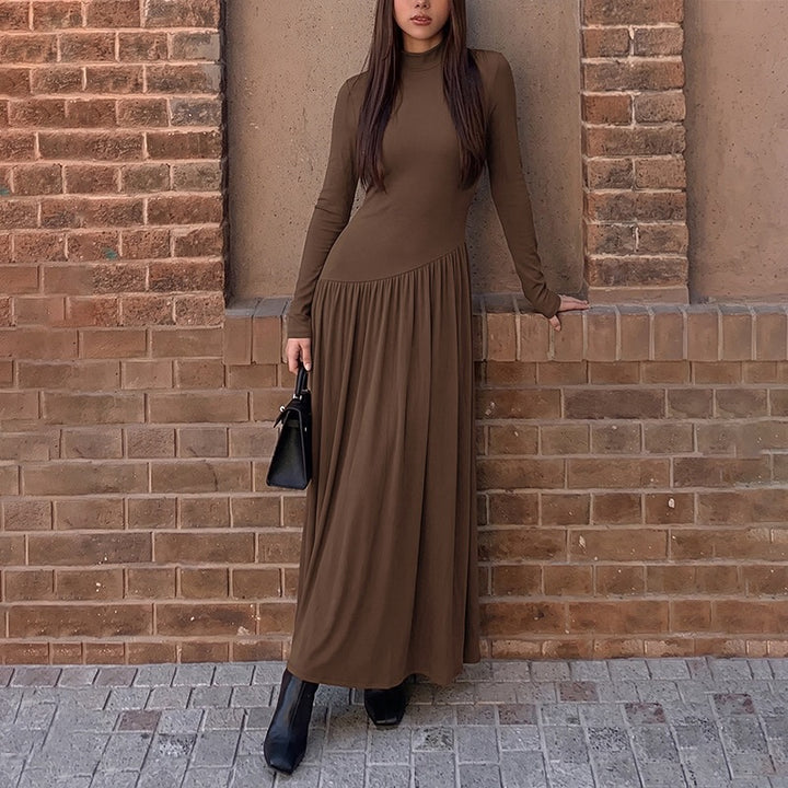 Damen Elegantes Maxikleid mit langen Ärmeln und hohem Kragen Drune