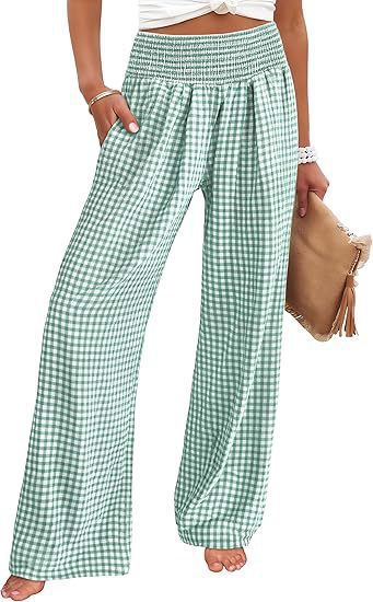Damen Leichte Palazzo‑Hose mit Smokbund, weitem Bein und Karo‑Print Drune