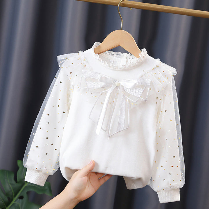 Mädchen modisches Sweatshirt mit dekorativen Tüllärmeln und Schleifendetails Drune